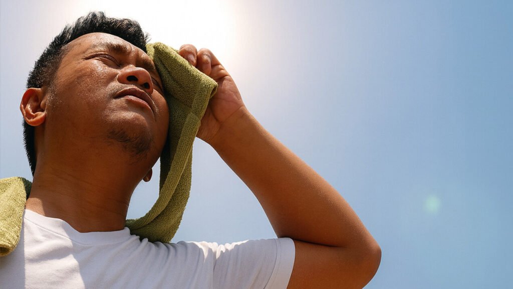 A man wiping his hair system in the sunlight