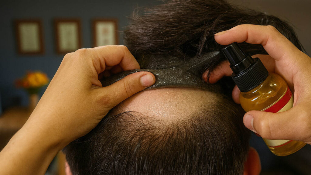 Removing a hair system off a man's head as part of the hair system maintenance routine