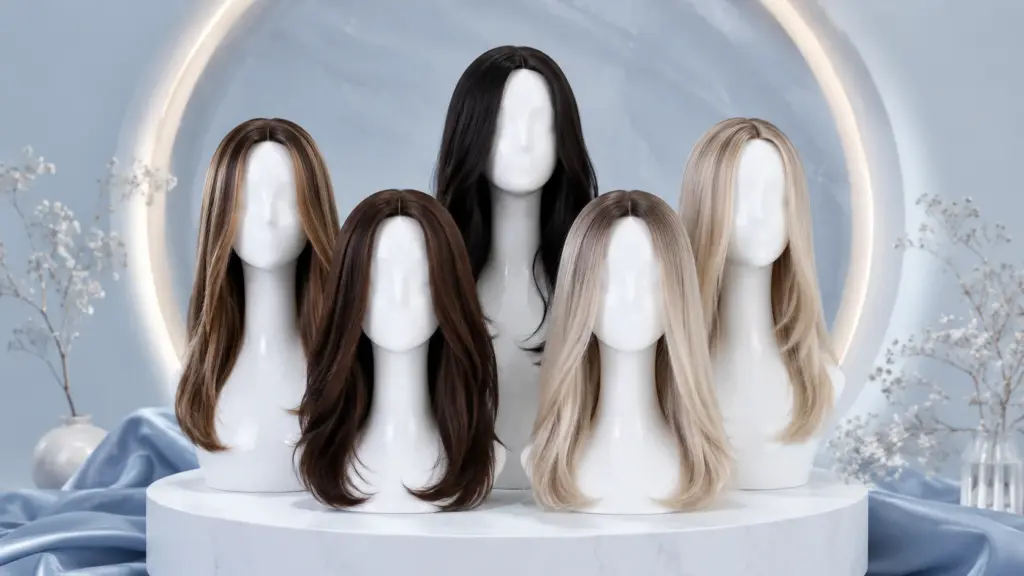 natural wigs on five mannequins