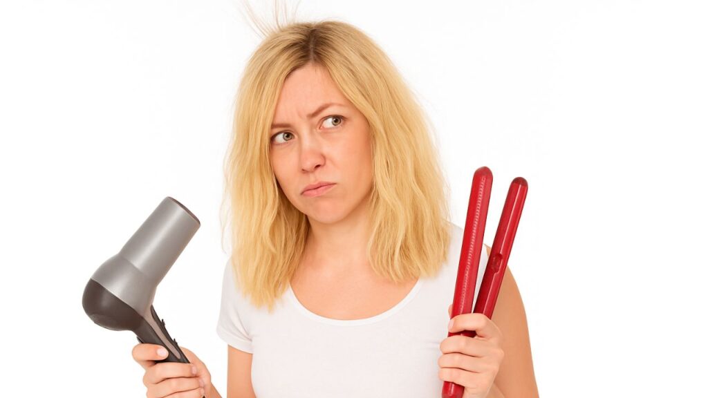 a woman is holding a blow dryer and a hair iron