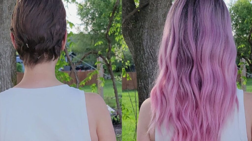 A client before and after putting on a colored human hair topper