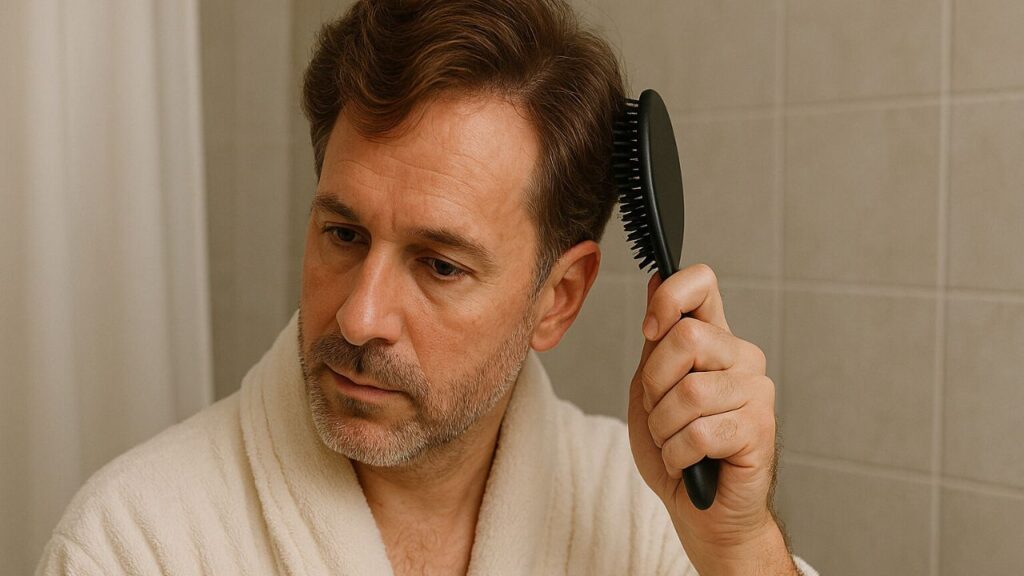 Man brushing his toupee hair