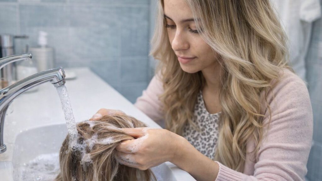A woman is washing her human hair wig