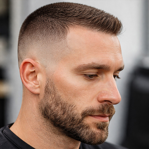 A guy with bald fade and a crew cut for receding hairline