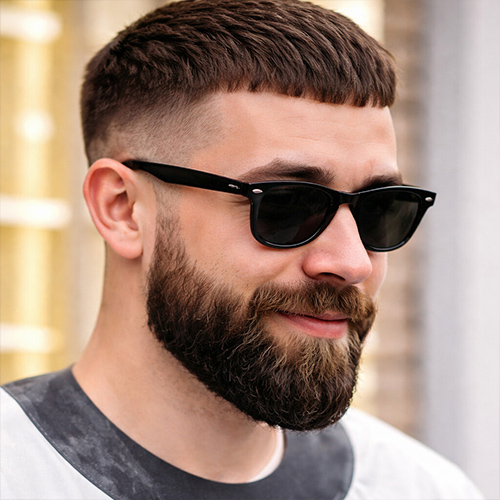 a smiling guy with a Caesar haircut for receding hairlines