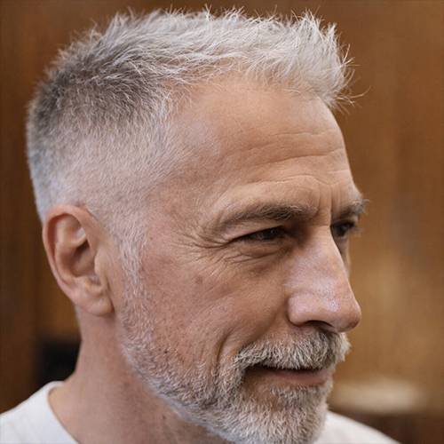 an older guy with low fade with textured crop