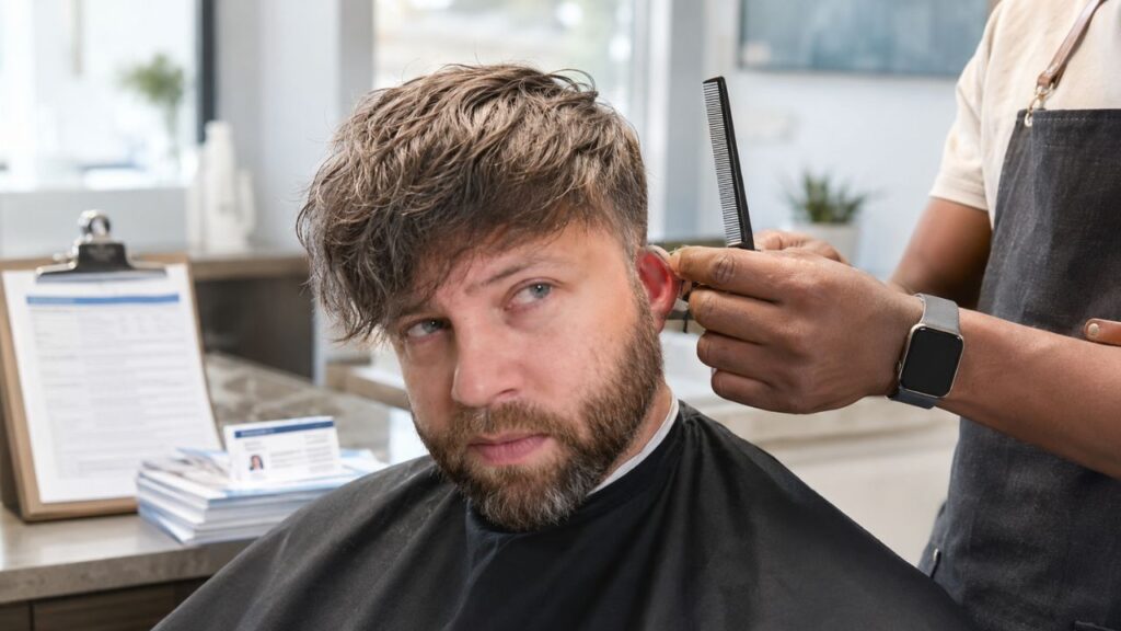 Does insurance cover hair systems - a content creator sitting in a salon whose hair being styled