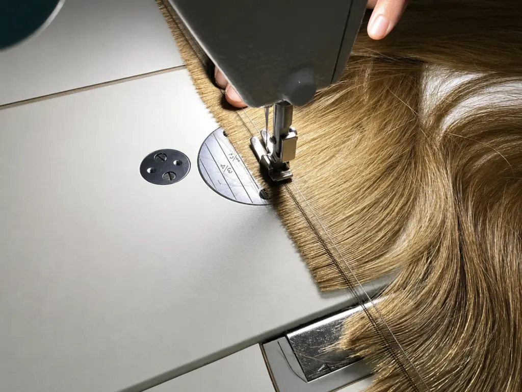 Remy human hair extension wefts being sewn by machine inside NEW TIMES HAIR wholesale factory