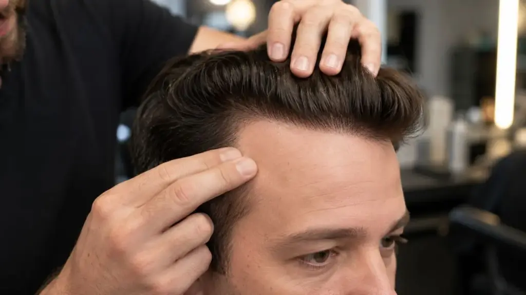 A stylist is demonstrating through a man how to avoid visible hair system edges