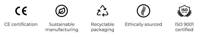 NEW TIMES HAIR compliance and sustainability icons showing CE certification, sustainable manufacturing, recyclable packaging, ethical sourcing, and ISO 9001 certification