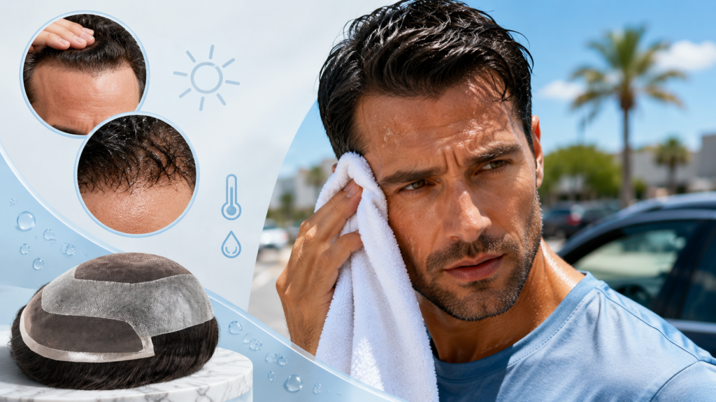 a man wiping summer sweat off his hair system