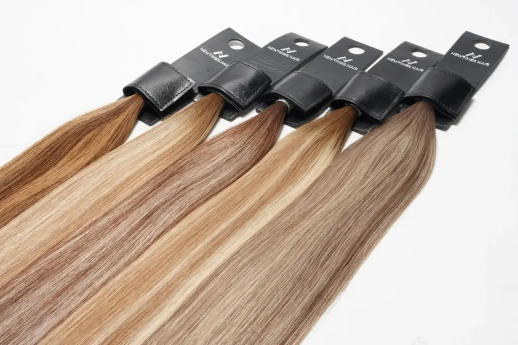 NEW TIMES HAIR bronde hair extension swatches featuring cool golden, warm golden, ash, cool brown, and warm brown bronde shades.