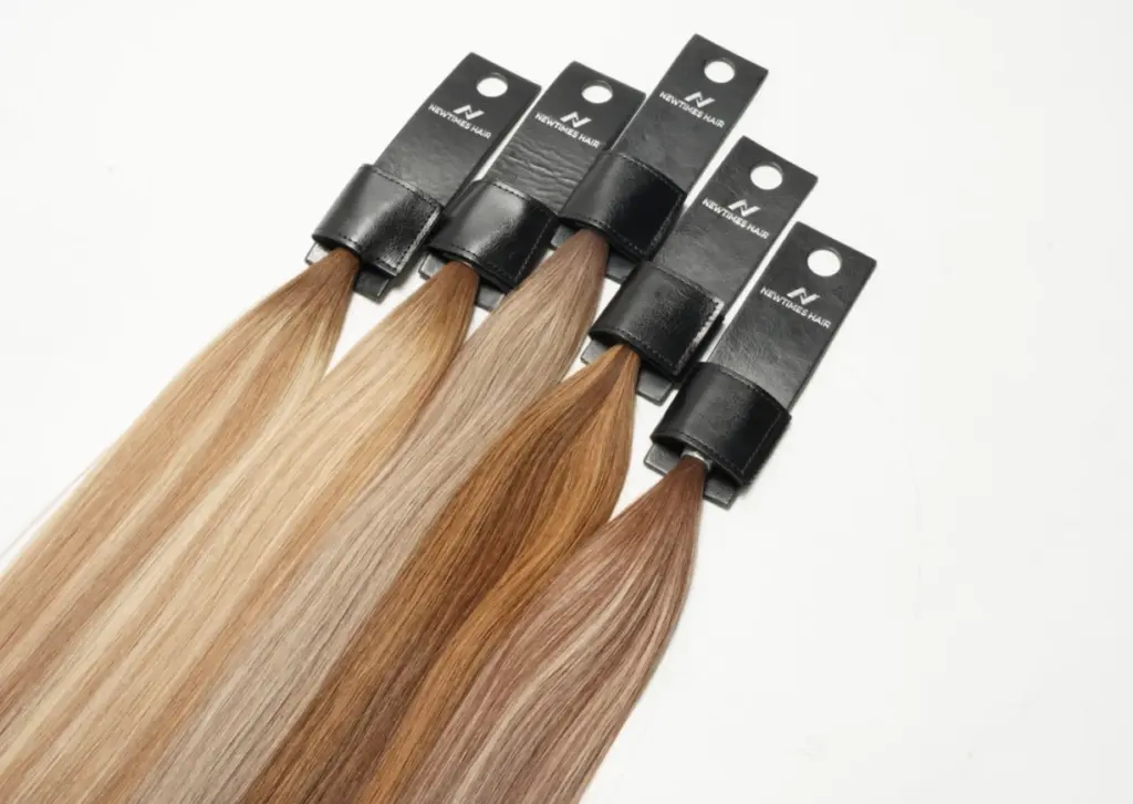 Five new NEW TIMES HAIR bronde hair extension shade swatches showing cool, warm, ash, golden, and brown tones for salon color matching.