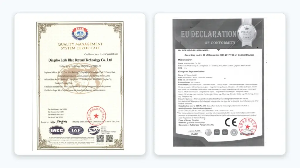 ISO 9001 quality management system certification and CE conformity documentation for Newtimes Hair.