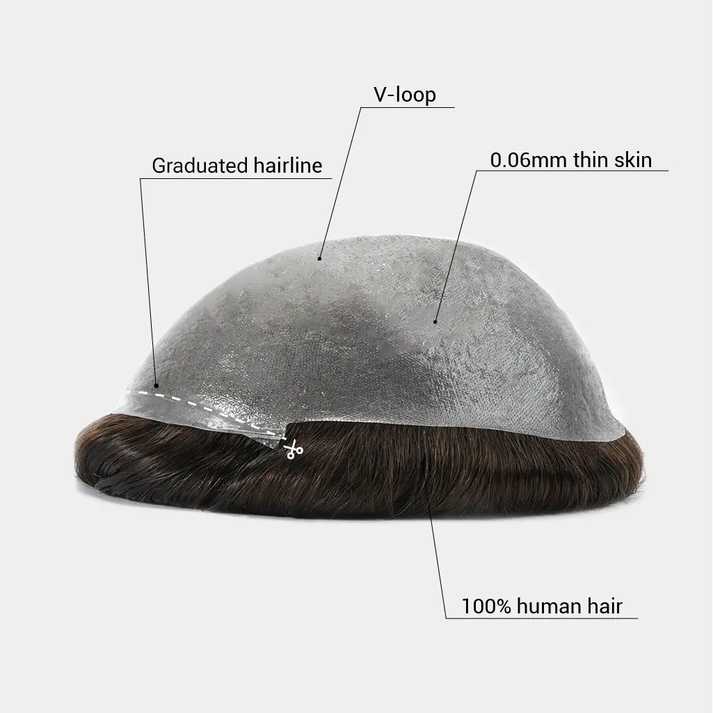 HS1V V-Loop Men's Hair System 0.06 mm Poly Thin Skin Hair Pieces for Men