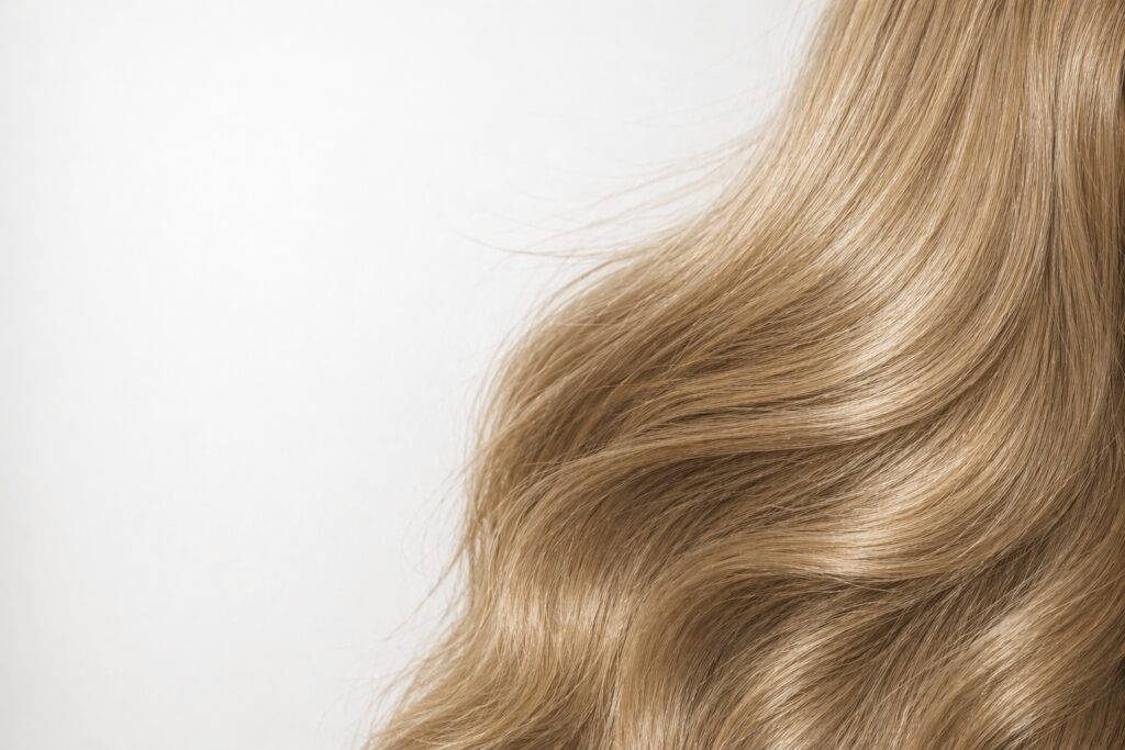 Close-up of fine, wavy blonde European human hair showing natural shine, soft texture, and dimensional color.