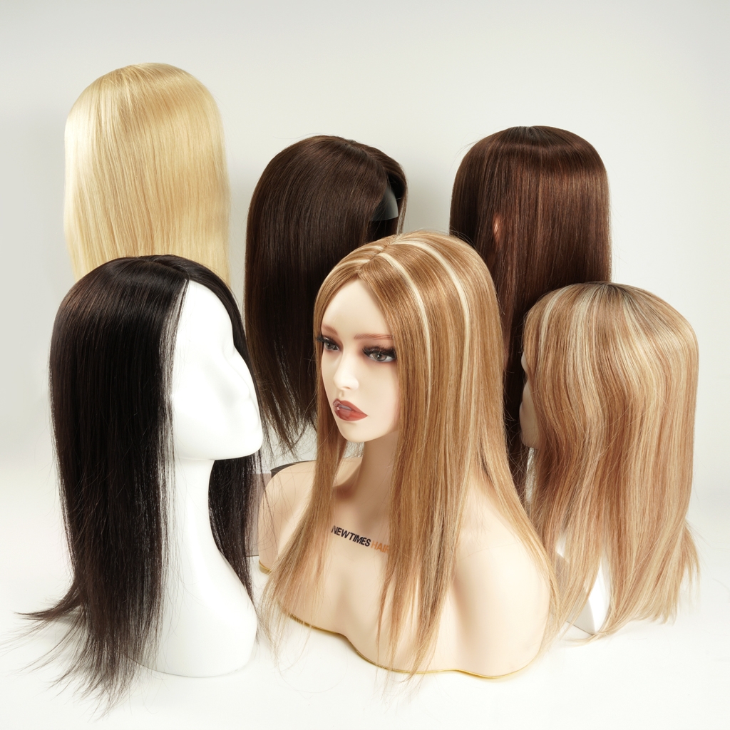 FLORA silk top European human hair topper options in blonde, brunette, and black shades displayed on mannequin heads.
