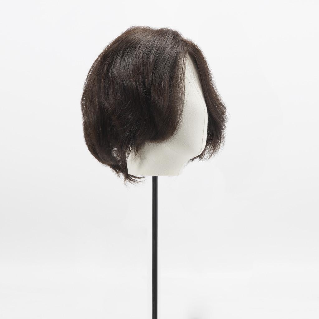 HS7EUW short dark brown hair system made from unprocessed European Remy human hair, displayed on a mannequin stand.