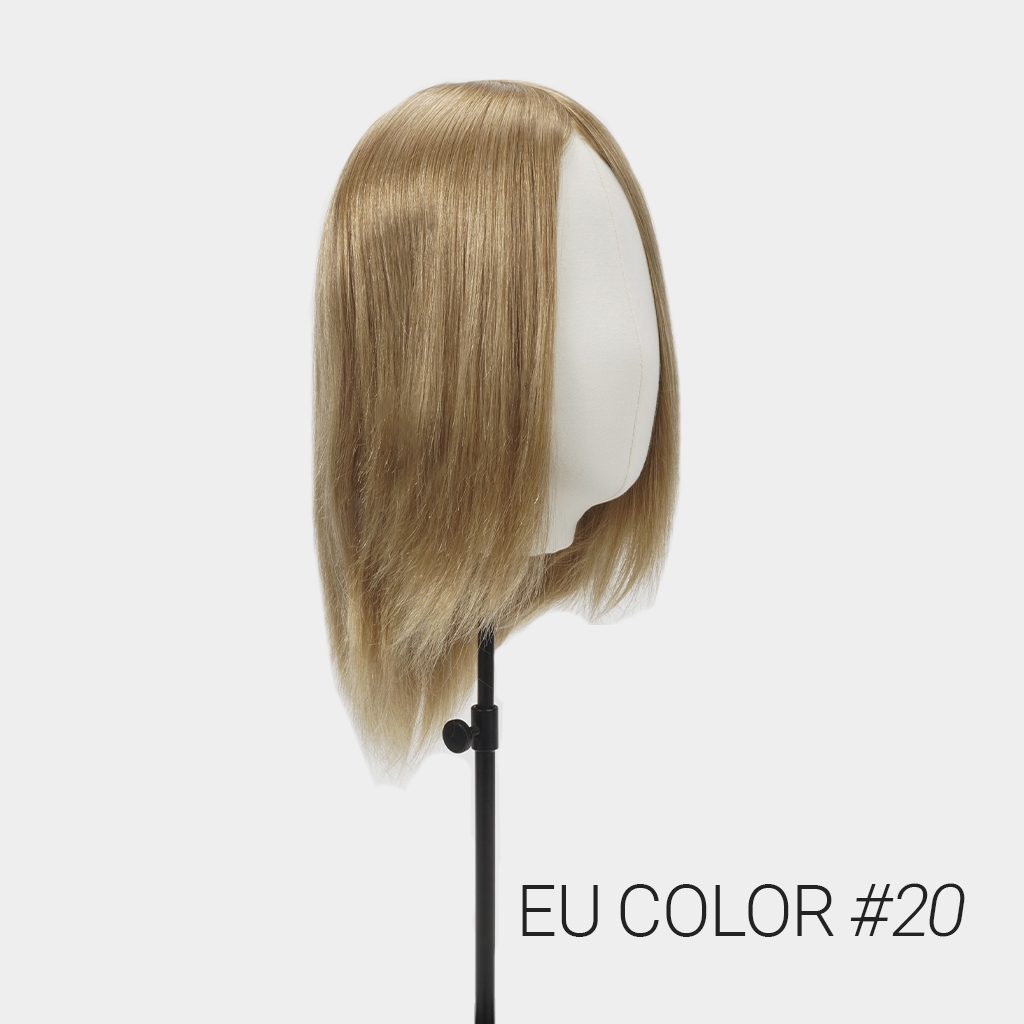 INSEUW injected thin skin hair system with straight European human hair in EU color #20, displayed on a mannequin stand.