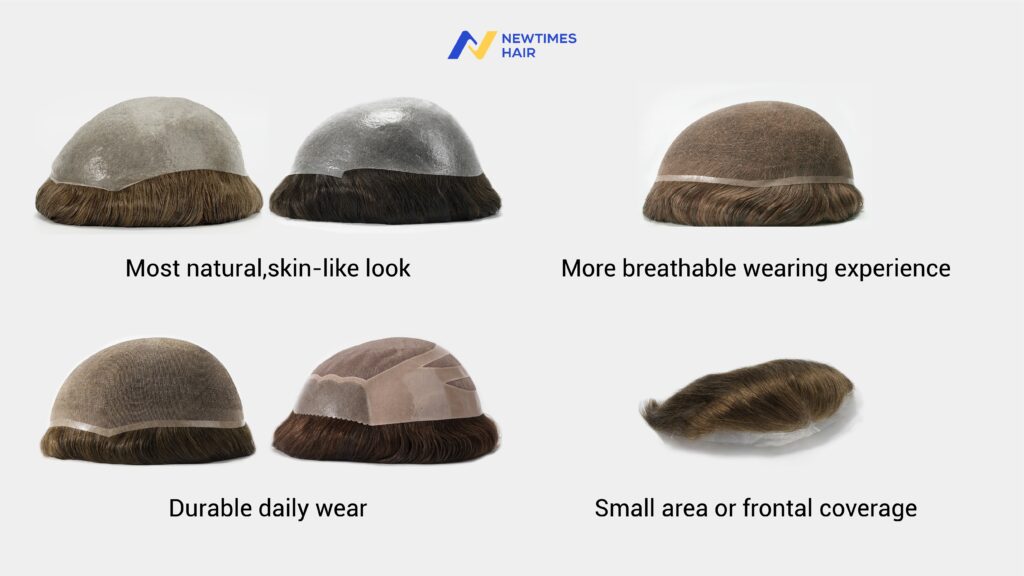 Newtimes Hair hair system base selection guide showing skin bases for a natural scalp-like look, lace for breathability, mono and hybrid for durable wear, and frontal pieces for smaller coverage areas.