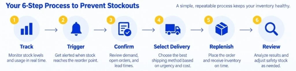 Hair replacement inventory planning checklist showing six steps to prevent stockouts, including tracking, ordering, replenishment and review