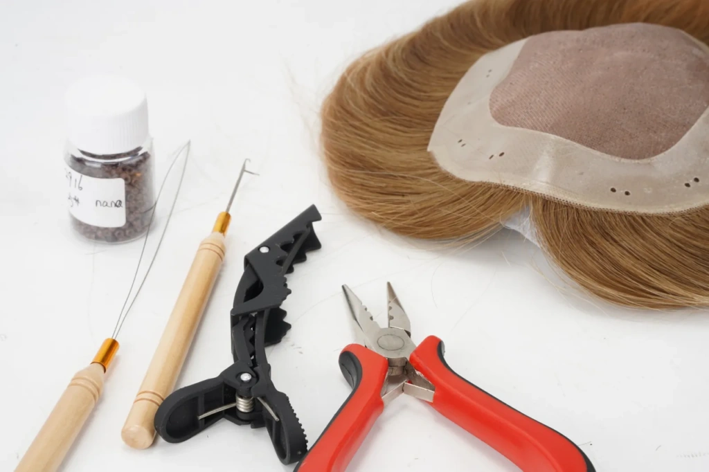 HALLIE multi-wear hair topper base with clips and bead-in installation tools