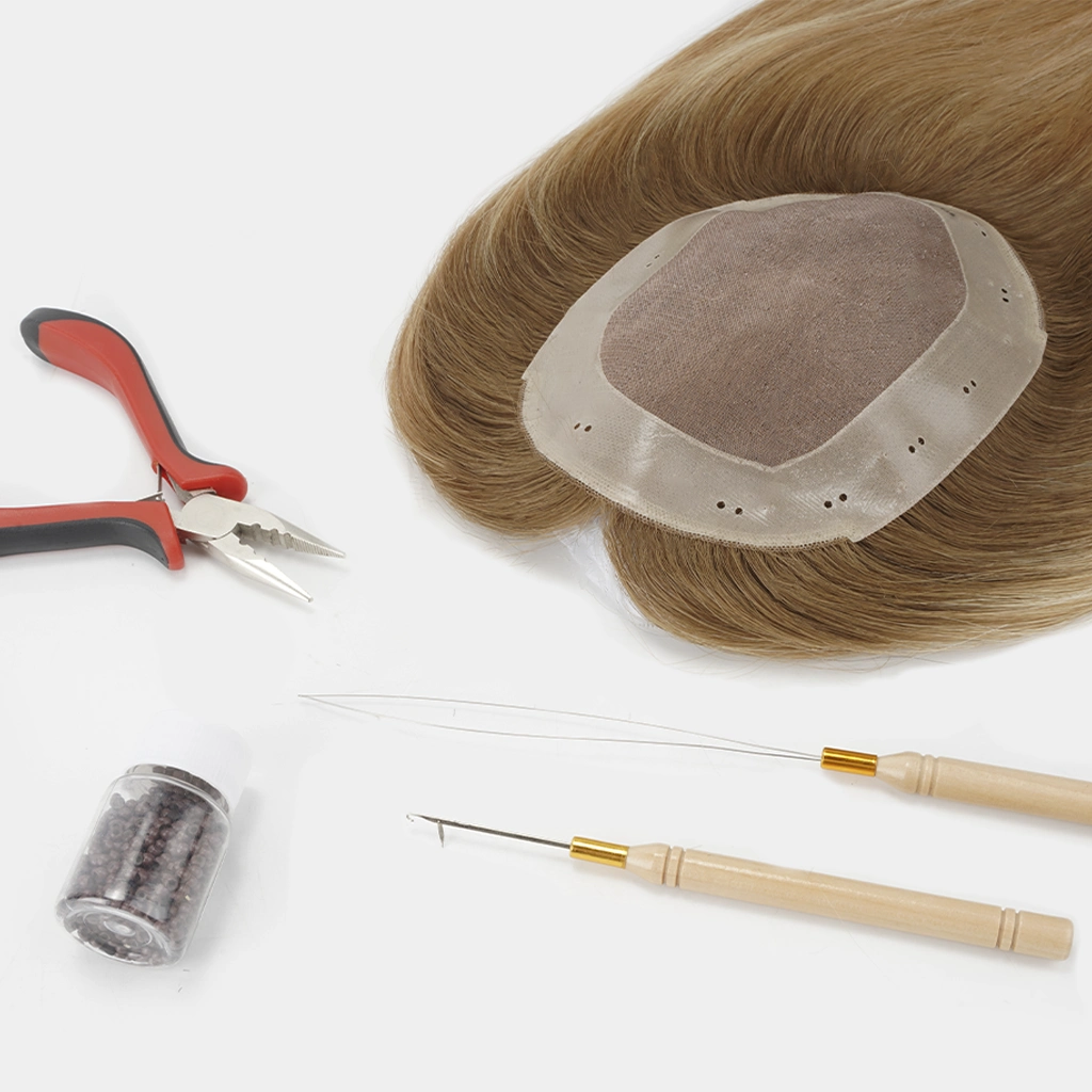 HALLIE mono hair topper base with micro-perforated PU edge for clip-in, adhesive, bead-in, and pull-through attachment methods