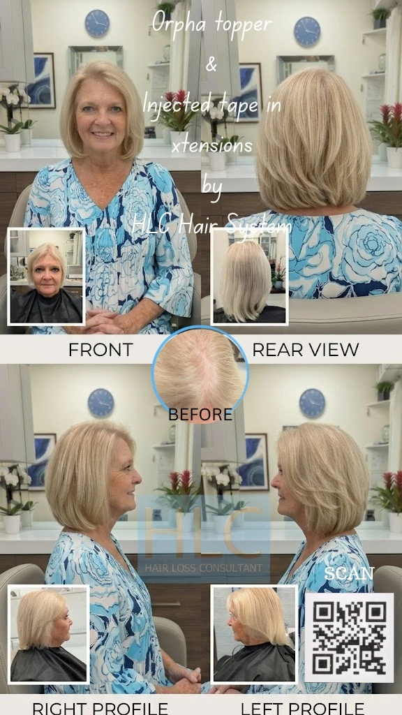 Orpha hair topper and injected tape-in extensions transformation showing before and after results for women with thinning hair