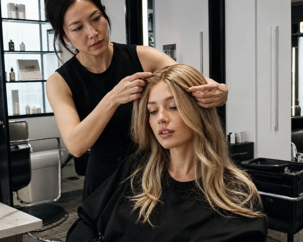 Hair topper consultation and fitting by a professional stylist for a client experiencing hair thinning