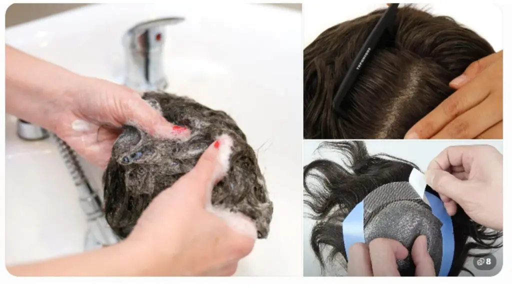 washing a hair system, combing a hair system, and sticking a hair system