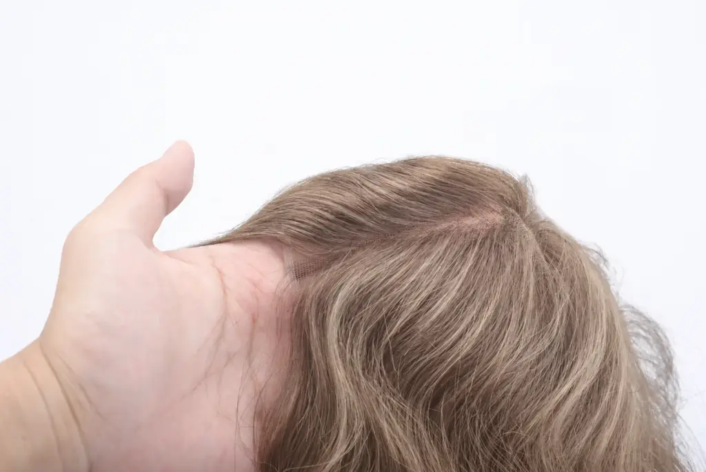 A hand holding a lace hair system with light brown color