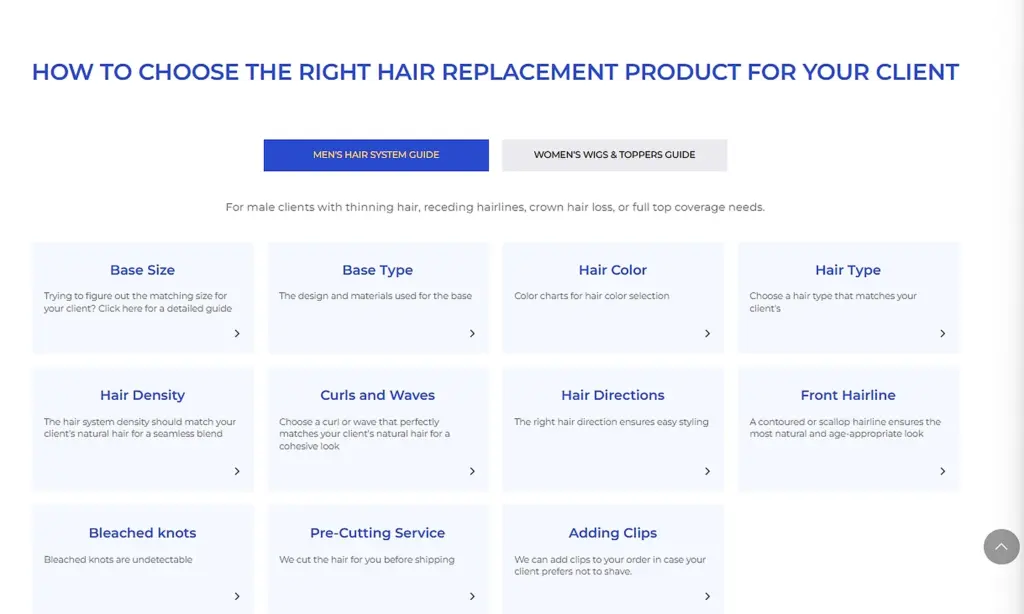Men's hair system selection guide covering base size, base type, hair color, hair type, hair density, curl patterns, hair direction, and front hairline options.